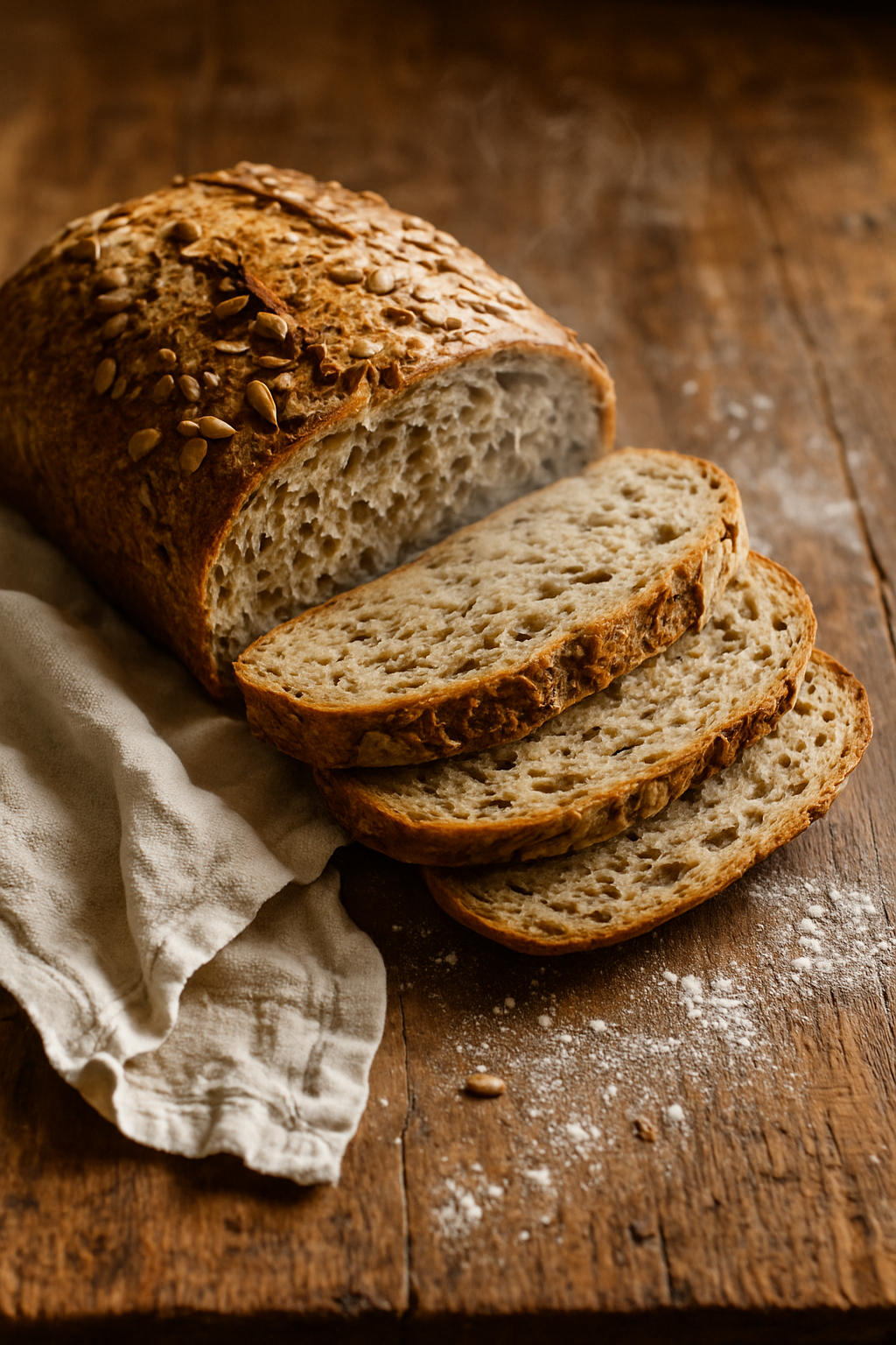 A seeded sourdough tin loaf crusted with sunflower and sesame seeds, sliced to show a moist crumb.