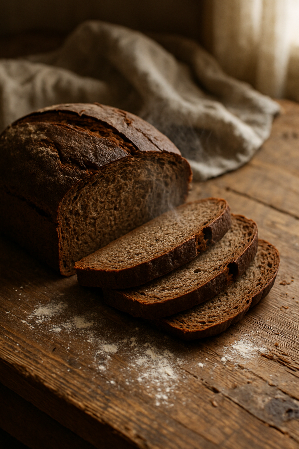 A dark 100% rye sourdough loaf baked in a tin, sliced to show a dense moist crumb.