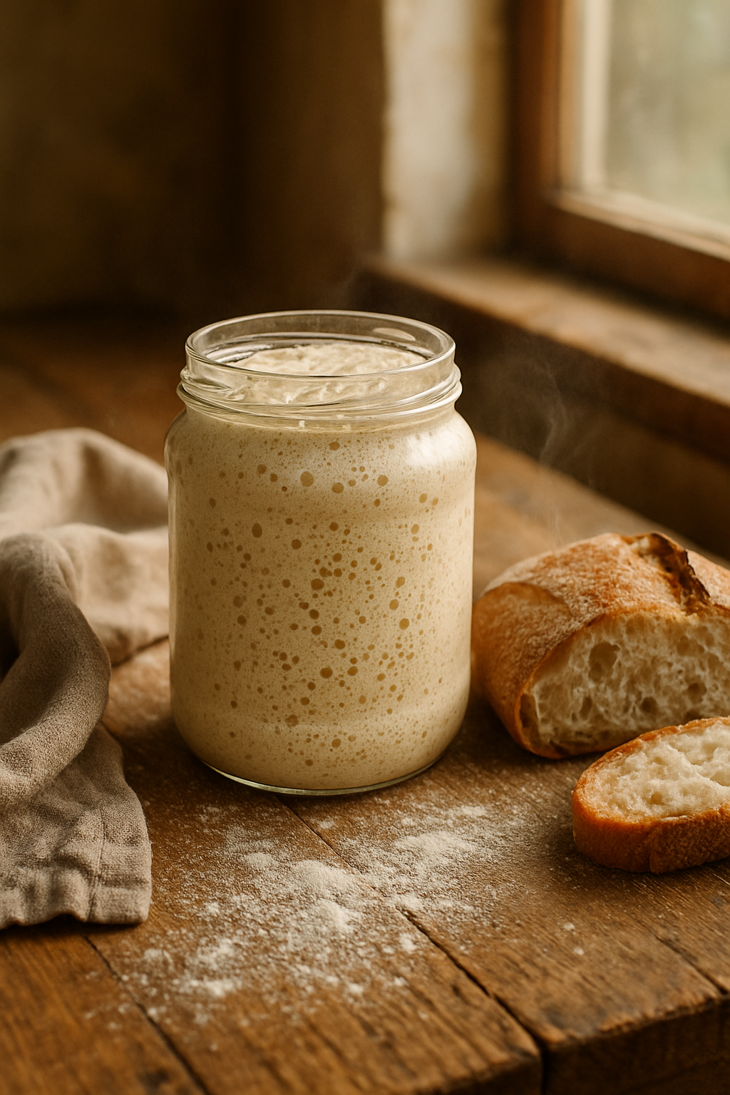 A glass jar of sourdough starter beside the dry rye crumbs it can be turned into for storage.